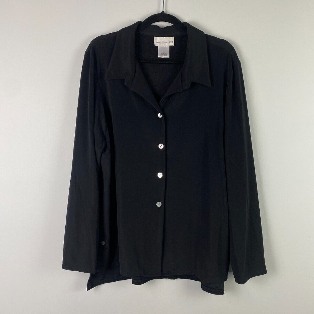 Susan Graver Button Up Shirt Womens XL Black Long Sleeve Nylon Stretch